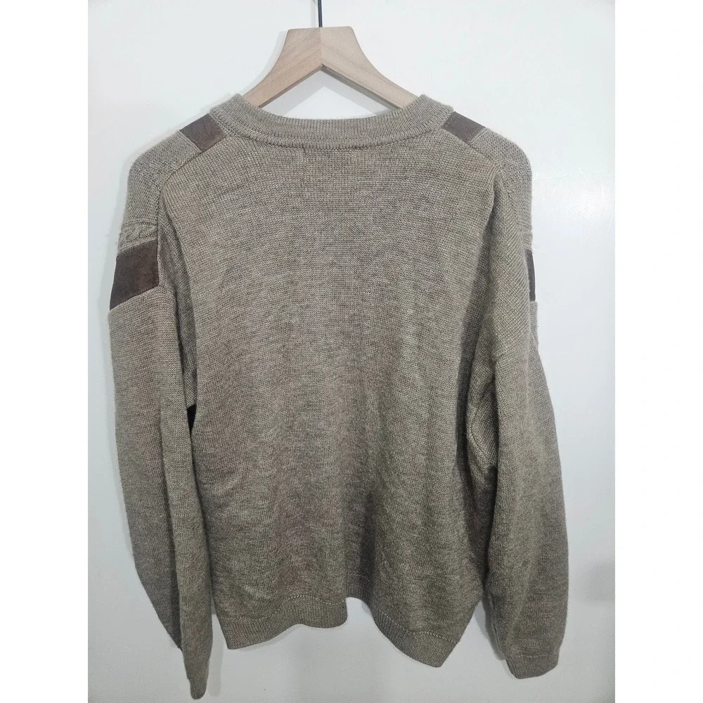 Norm Thompson Made in Italy Vintage Suede Panel Cable Knit Cardigan Sweater Tan‎